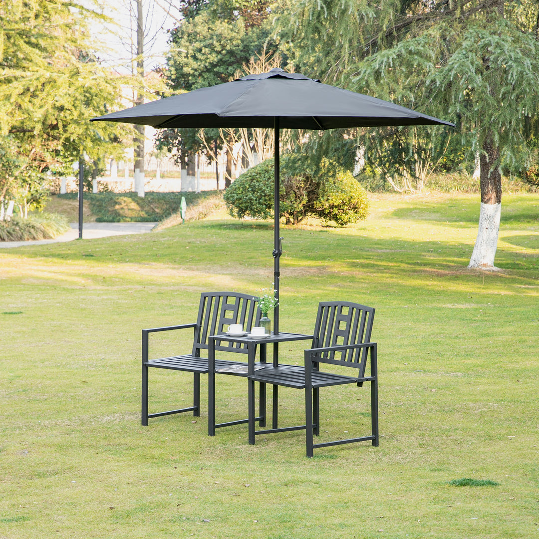 Outsunny Metal Outdoor Bench, 2-Seater Garden Bench with Middle Table, Umbrella Hole, Slatted Seat and Backrest, Black