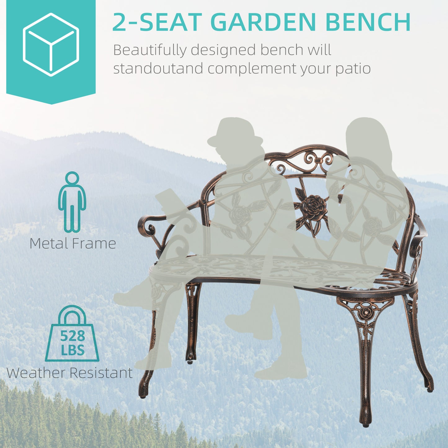 Outsunny 40" Outdoor Garden Bench, Cast Aluminum Antique Rose Style Patio Garden Park Loveseat Bench for Backyard, Porch, Balcony, Lawn, Bronze
