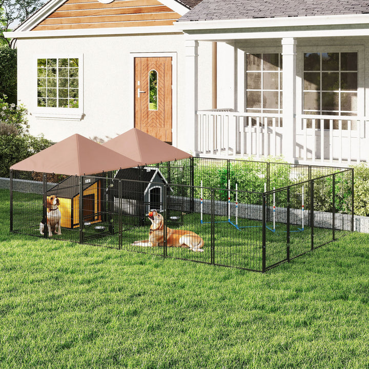 PawHut Large Outdoor Dog Kennel with 2 Rooms, Rotating & Adjustable Height Bowls, 13.5' x 9.4' x 5.1'