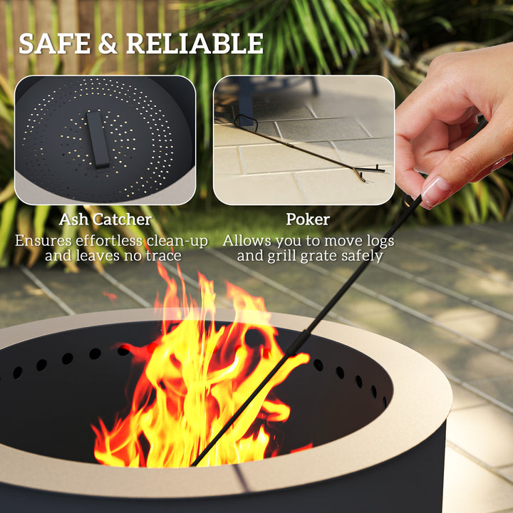 Outsunny Outdoor Fire Pit, Round Firepit with Grill Grate, Fire Bowl with Ash Catcher and Poker for Backyard Camping Bonfire Picnic, Black