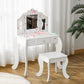 Qaba Kids Vanity Table and Stool, Makeup Vanity Girls Dressing Table Set with Tri-folding Mirrors Drawer Star and Heart Pattern, White