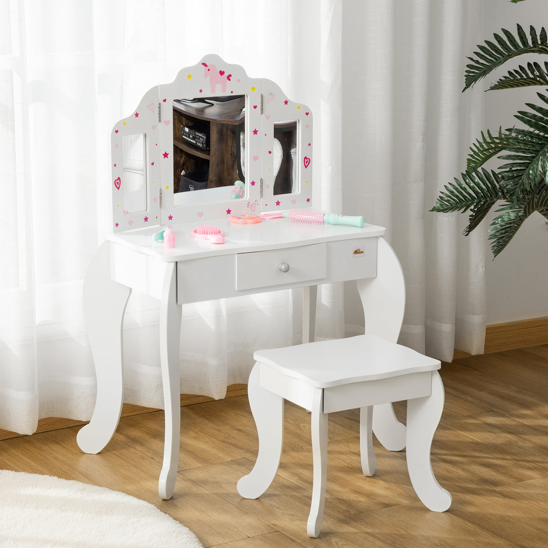 Qaba Kids Vanity Table and Stool, Makeup Vanity Girls Dressing Table Set with Tri-folding Mirrors Drawer Star and Heart Pattern, White