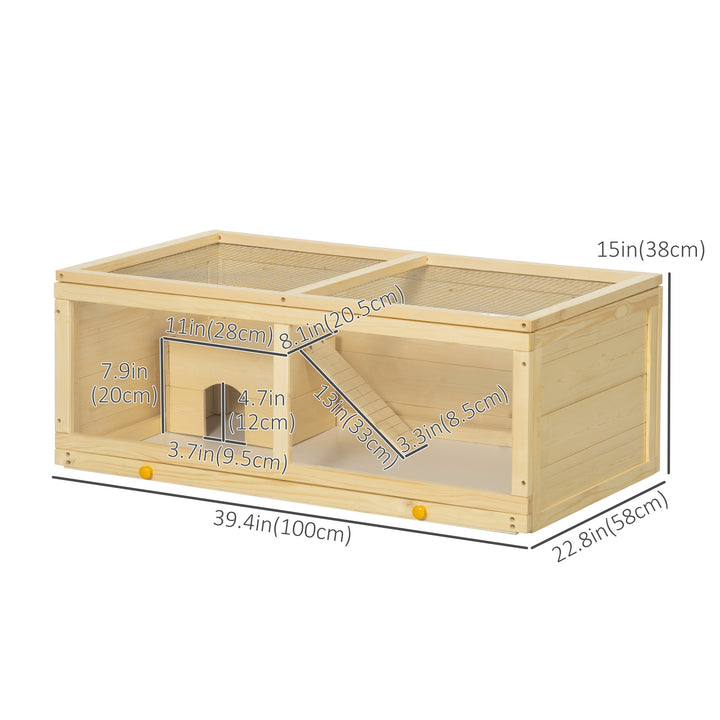 PawHut Small Animals Kit Hutch w/ Sliding Tray, Exercise Play House for Dwarf Hamsters, Gerbils, Chinchillas, Natural Wood
