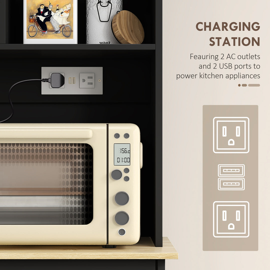 HOMCOM Kitchen Cabinet with Charging Station, 2 Tilt Out Cabinets, Microwave Stand, Freestanding Kitchen Pantry Cabinet, White