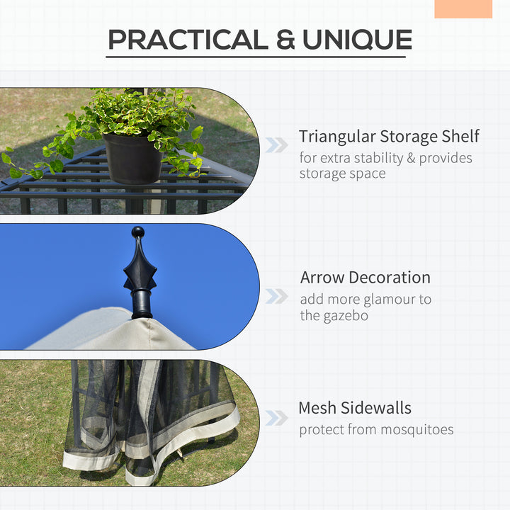 Outsunny 12' x 10' Outdoor Patio Gazebo Canopy with Double Tier Roof, Removable Mesh Sidewalls, Triangular Display Shelves, Beige