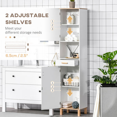 kleankin Bathroom Storage Cabinet with Cupboards and Drawer, Floor Free Standing Linen Tower, Tall Slim Side Organizer Shelves, White