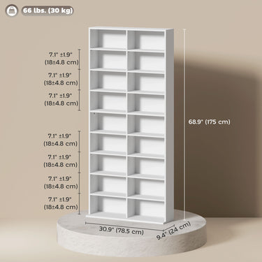 HOMCOM 9-Tier DVD Shelf with 18 Compartments and 14 Adjustable Shelves, Holds 640 CDs, 360 DVDs or 430 Blu-rays, White