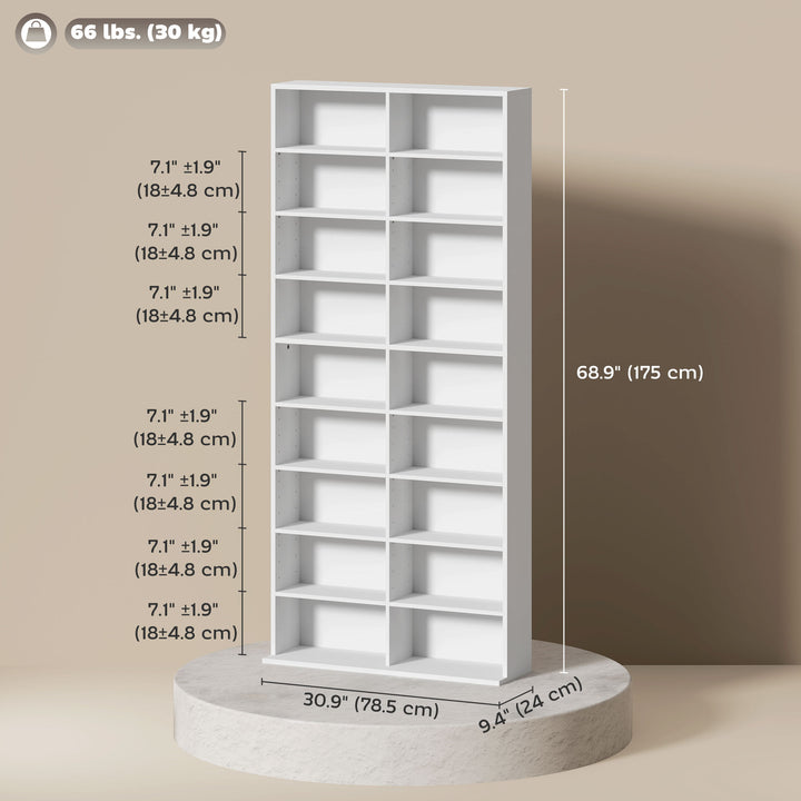 HOMCOM 9-Tier DVD Shelf with 18 Compartments and 14 Adjustable Shelves, Holds 640 CDs, 360 DVDs or 430 Blu-rays, White
