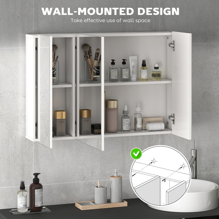 kleankin 28" x 24" Wall Mounted Mirror Cabinet, Bathroom Medicine Cabinet with Mirror, 3 Doors and Adjustable Shelves, White