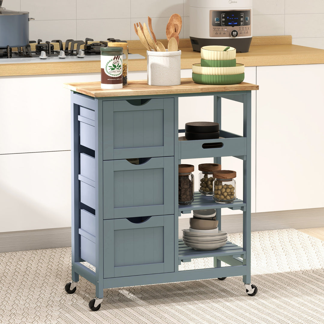 HOMCOM Kitchen Cart on Wheels, Rolling Kitchen Island Cart with Wood Top, 3 Drawers and Shelves for Home Dining Area