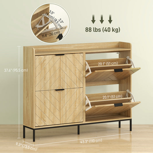 HOMCOM Narrow Shoe Storage Cabinet, Modern Slim Shoe Cabinet with 4 Flip Drawers, 16 Pairs of Shoes for Hallway, Entryway, Oak