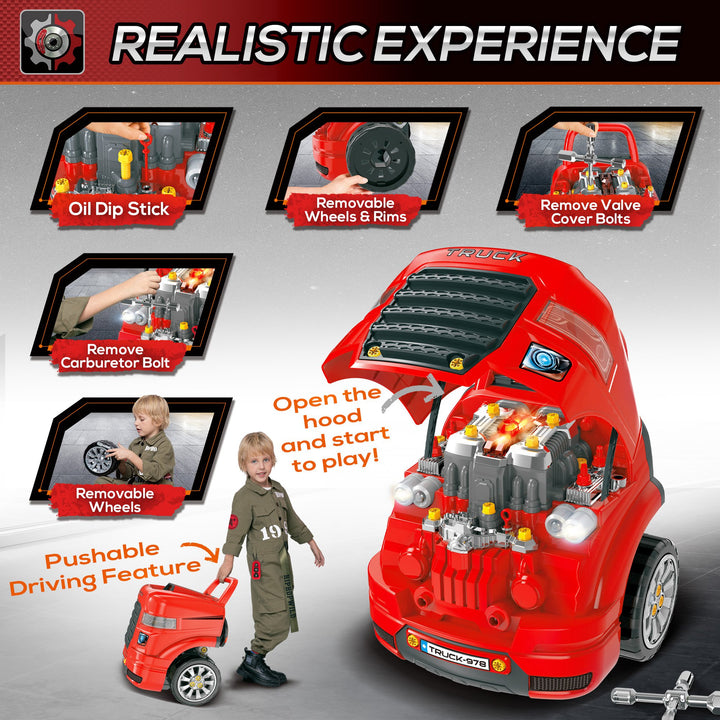 Qaba Smart Truck Engine Toy Set for Kids - Mini Car Service Station, Kids Tool Set Included, Suitable for 3-5 Years Old