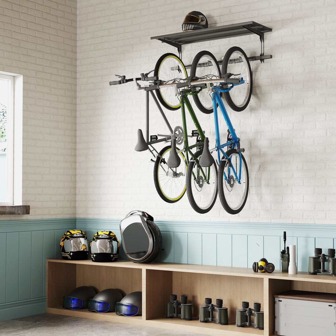 Soozier Bike Storage Rack for 5 Bikes, Wall Mounted Bicycle Rack with Shelf and Adjustable Hooks for Indoor Outdoor Use, Black