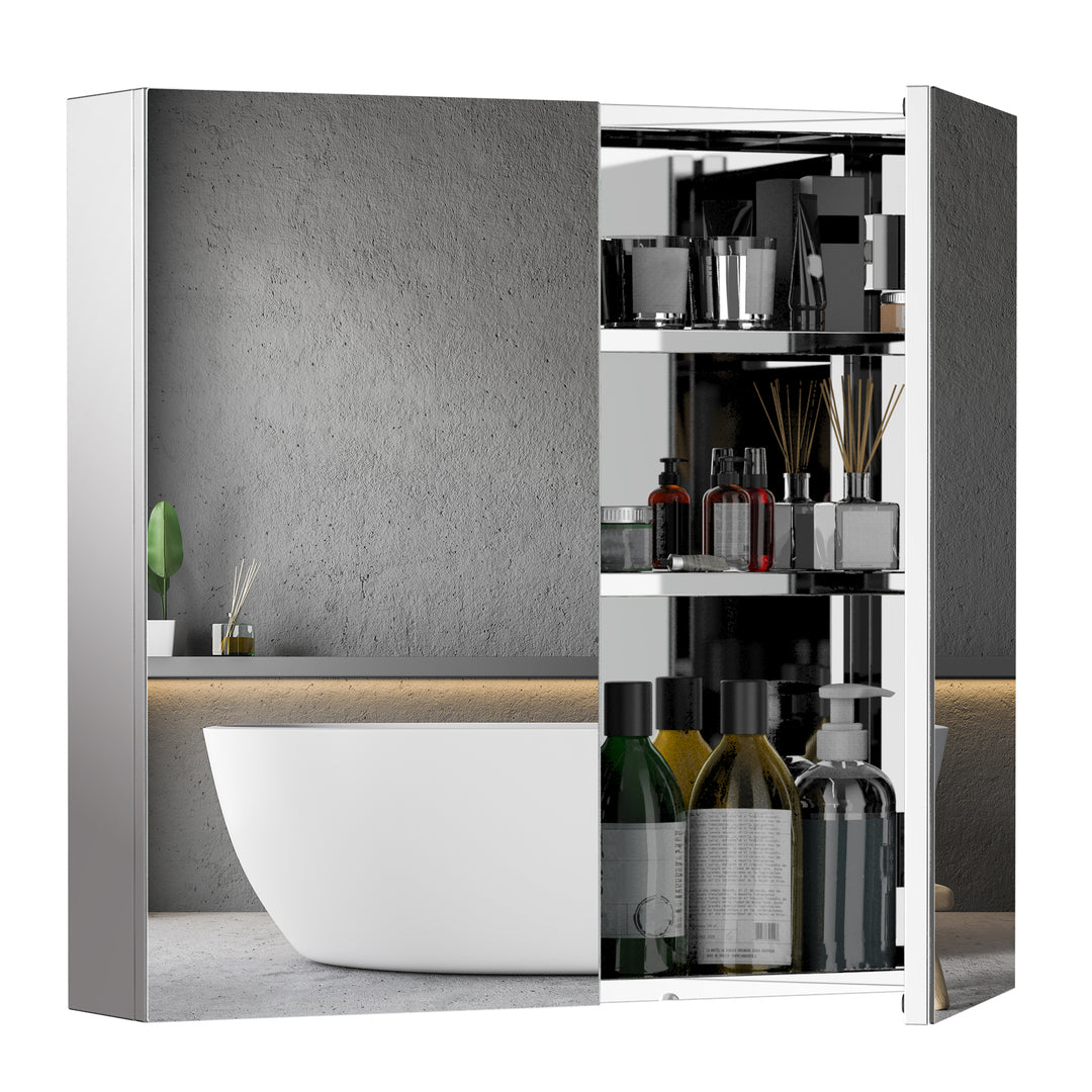 HOMCOM Wall Mounted Mirror Cabinet, Bathroom Medicine Cabinet with Mirror, 2 Doors and 3-tier Shelving, Silver
