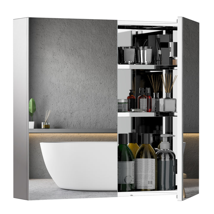 HOMCOM Wall Mounted Mirror Cabinet, Bathroom Medicine Cabinet with Mirror, 2 Doors and 3-tier Shelving, Silver