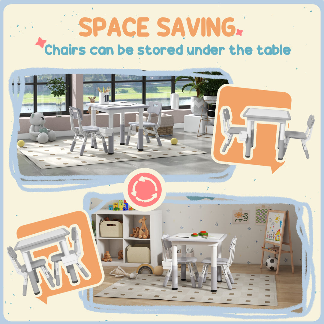 Qaba 3 Pieces Toddler Table and Chair Set, Height Adjustable Kids Table and Chair Set w/ Storage, for Playroom Grey