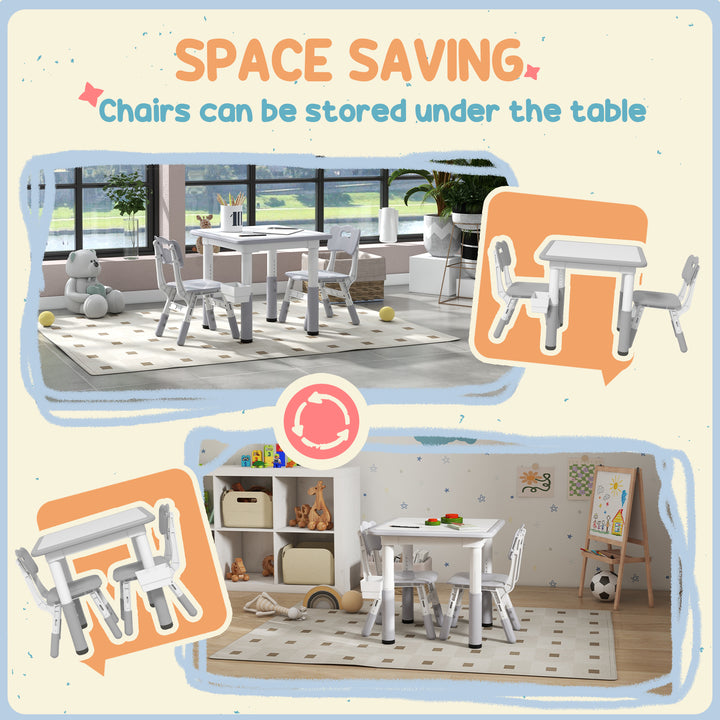 Qaba 3 Pieces Toddler Table and Chair Set, Height Adjustable Kids Table and Chair Set w/ Storage, for Playroom Grey