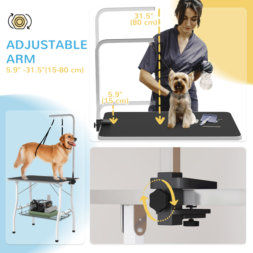 PawHut Dog Grooming Table w/ Adjustable Arm, Mesh Tray,  Two Nooses, Rubber Surface, 35" x 24" x 61", Black