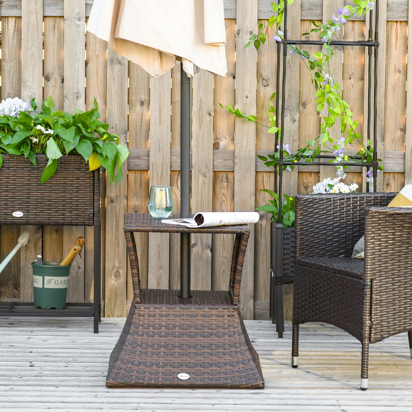 Outsunny Rattan Wicker Side Table, 21.3" Square Outdoor End Table with Umbrella Hole 2-Tier Storage for Patio Garden Mixed Brown