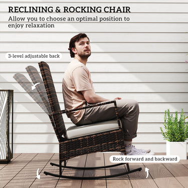 Outsunny 3 Piece Rocking Bistro Set, Wicker Patio Furniture with 3-Level Reclining High Back Rocking Chair and Glass Table, White