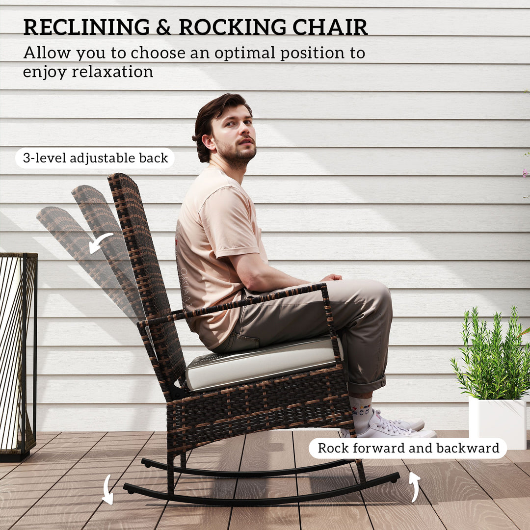 Outsunny 3 Piece Rocking Bistro Set, Wicker Patio Furniture with 3-Level Reclining High Back Rocking Chair and Glass Table, White