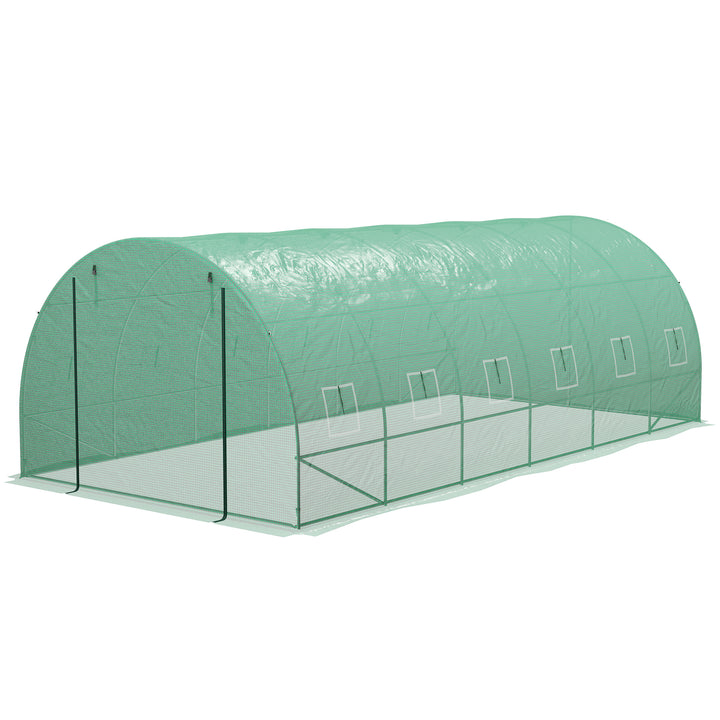 Outsunny 20' x 10' Walk-in Greenhouse with Sprinkler System, Tunnel Green House with Wide Roll-up Door, 12 Mesh Windows, Green