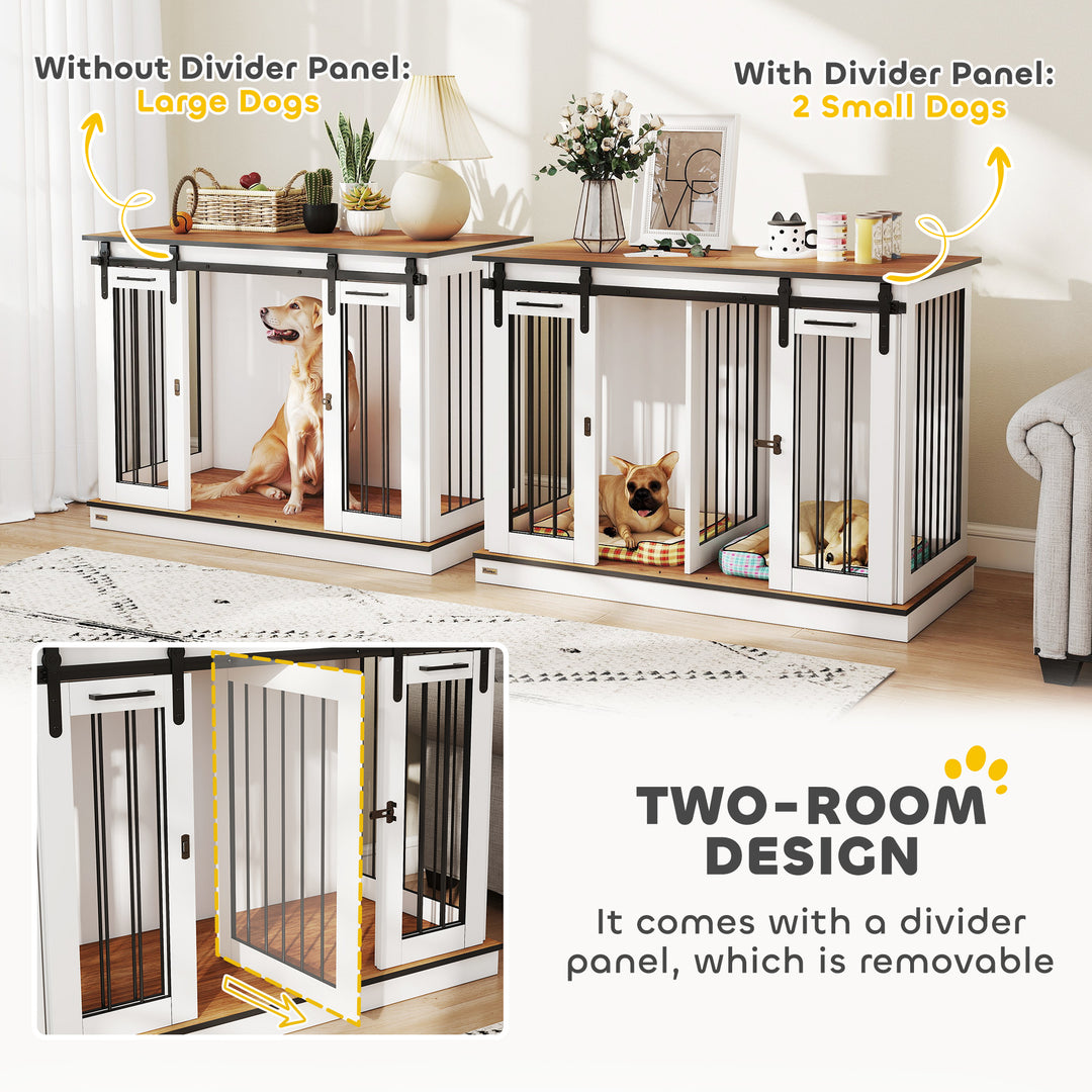 PawHut 47in Dog Crate Furniture with Divider Panel, Wooden Dog Kennel TV Stand for Large Dogs, Pet House Side Table for 2 Small Dogs with Two Rooms Design, 2 Sliding Doors, Oak
