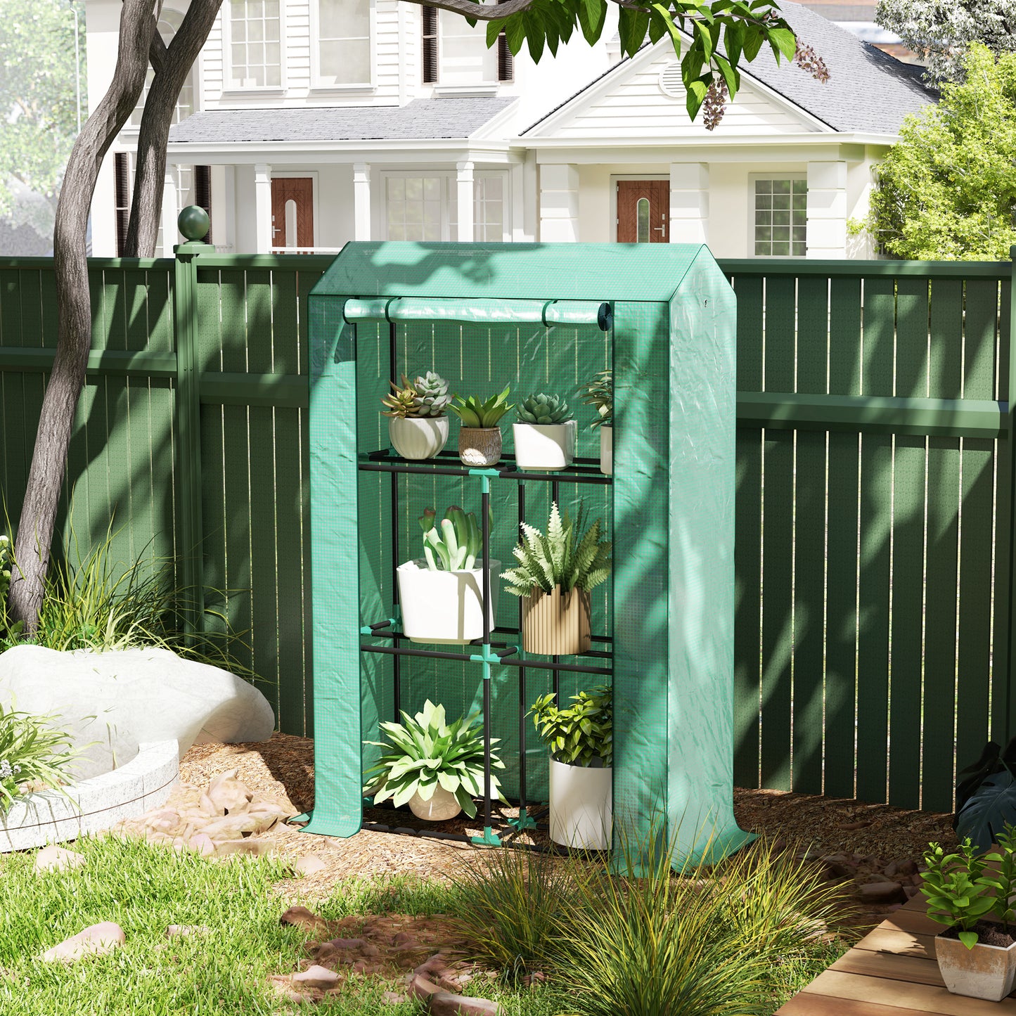 Outsunny Mini Greenhouse with 3 Tier Shelves, 3 Roll-Up Doors for Indoor Outdoor, Green