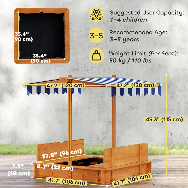 Outsunny Kids Wooden Sandbox Outdoor Backyard Playset Children Play Station w/ Adjustable Canopy & Convertible Bench Sand for 3-7 Years Old