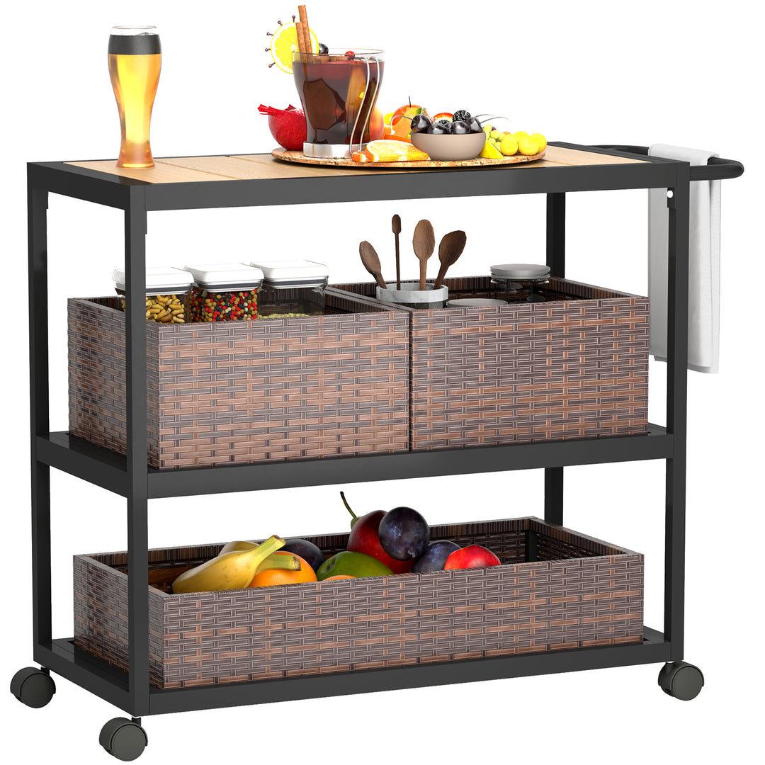 Outsunny Outdoor Bar Cart with Side Handle, 3-Tier Rolling Cart on Wheels with Removable Rattan Basket, Mixed-Brown