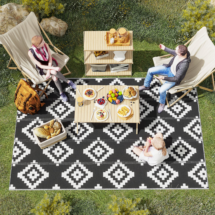 Outsunny Reversible Outdoor RV Rug, Patio Floor Mat, 6' x 9' Plastic Straw Rug for Backyard, Deck, Beach, Camping, Black & White