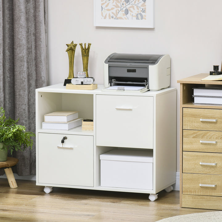 Vinsetto Lateral Filing Cabinet with Drawers and Lock, File Cabinet, Mobile Printer Stand with Open Shelves and Wheels for Letter and A4 Size Documents, White