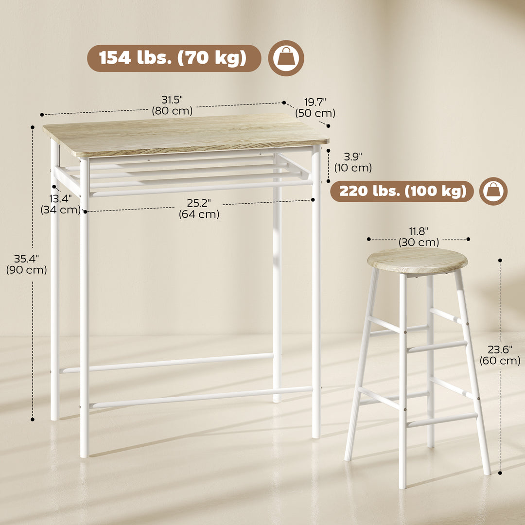 HOMCOM 3 Piece Counter Height Bar Table Set with 1 Table, 2 Matching Stools, Dining Table Set with Storage Shelf and Metal Frame Footrest, Black and Oak