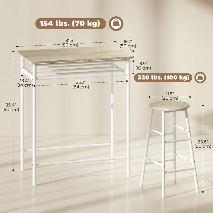 HOMCOM 3 Piece Counter Height Bar Table Set with 1 Table, 2 Matching Stools, Dining Table Set with Storage Shelf and Metal Frame Footrest, Black and Oak