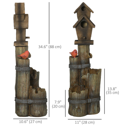 Outsunny Outdoor Fountain, Garden Waterfall with Birdhouse, 3-Tier Tree Trunk Design, LED Lights for Porch, Deck, Yard, Brown
