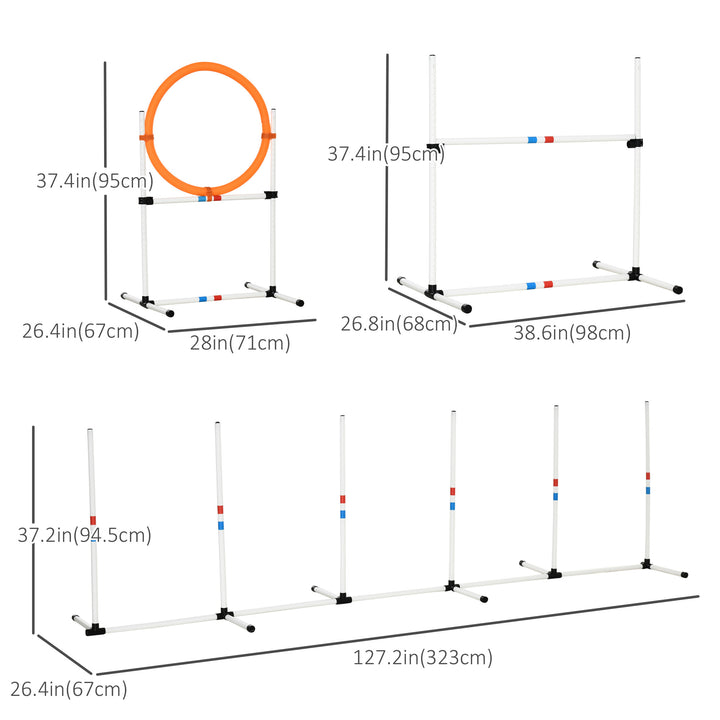 PawHut Adjustable Dog Agility Training Obstacle Set with Weaves Poles and Storage Bag for Pet Dogs Outdoor Games Exercise Blue and White