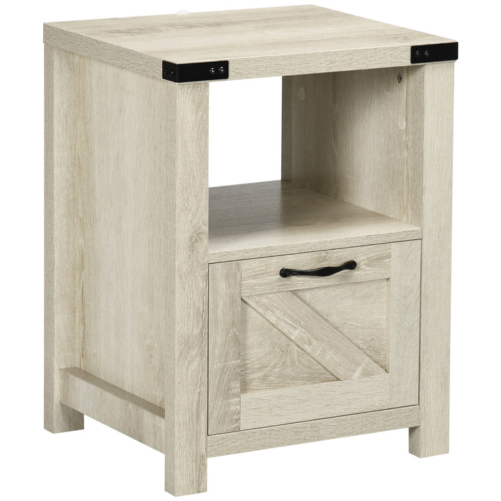 HOMCOM Side Table with Storage, Farmhouse End Table with Drawer, Open Shelf and Barn-style Panel, Nightstand for Living Room, Bedroom, Oak