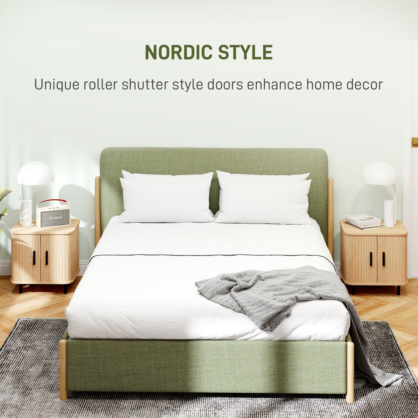 HOMCOM Nightstand Set of 2, Side Table with Shutter Doors, Sofa End Table with Steel Frame, for Bedroom, Living Room, Oak