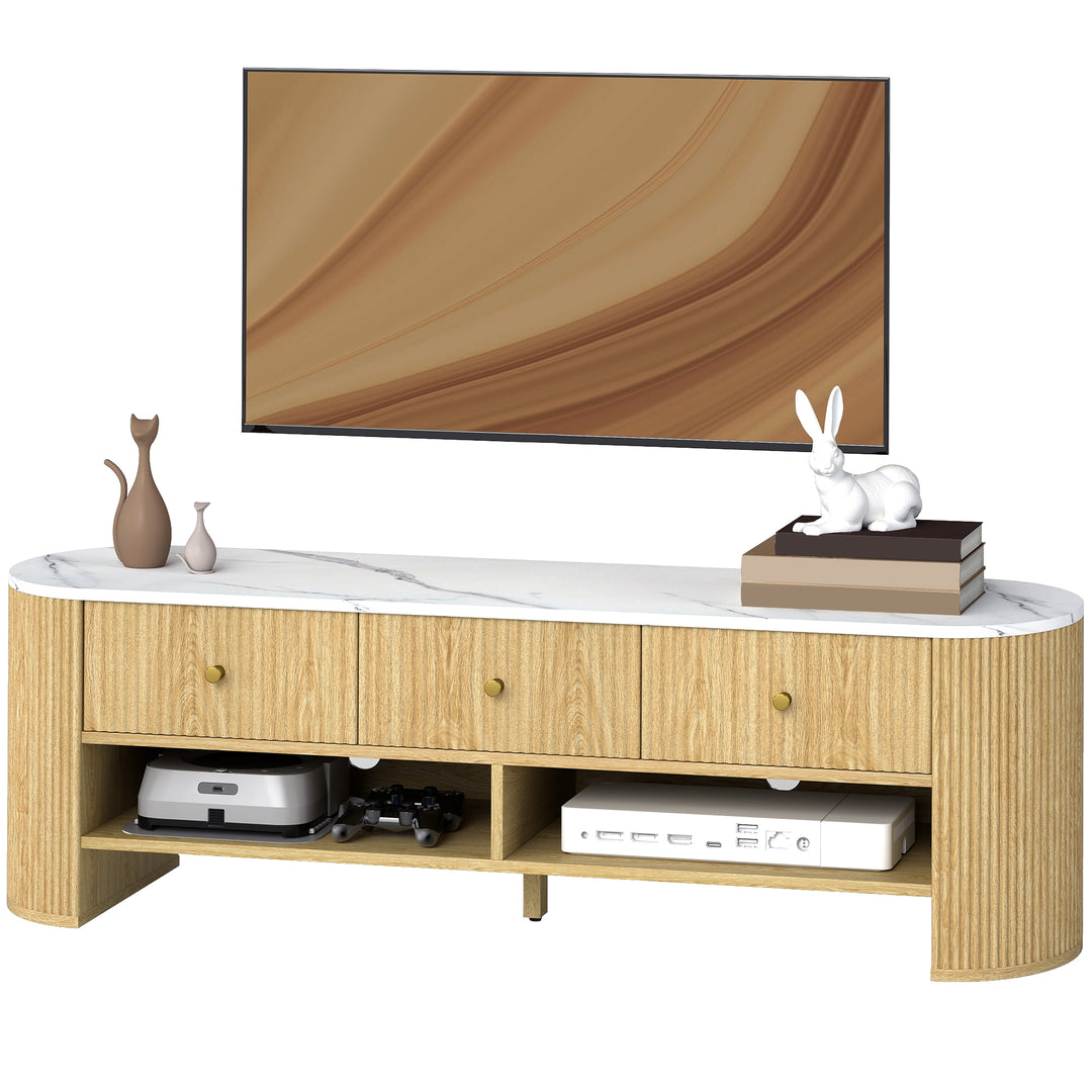 HOMCOM TV Stand, Modern TV Table with Marble-Effect Top, 3 Drawers and 2 Open Shelves for 32-65 Inch Television, Natural