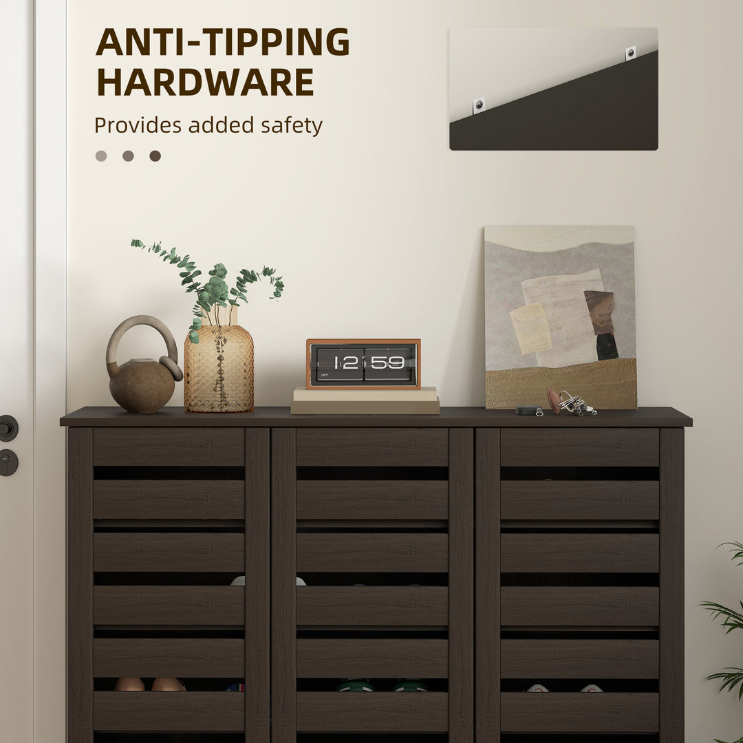 HOMCOM Narrow Shoe Cabinet with Slatted Doors, Adjustable Shelves for 20 Pairs of Shoes, Shoe Cabinet for Entryway, Dark Brown