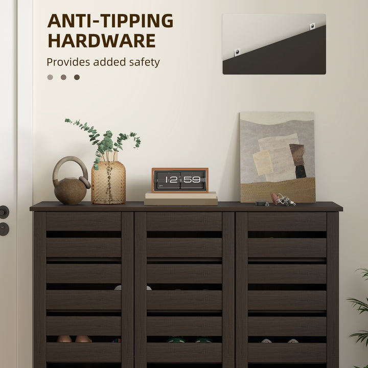 HOMCOM Narrow Shoe Cabinet with Slatted Doors, Adjustable Shelves for 20 Pairs of Shoes, Shoe Cabinet for Entryway, Dark Brown