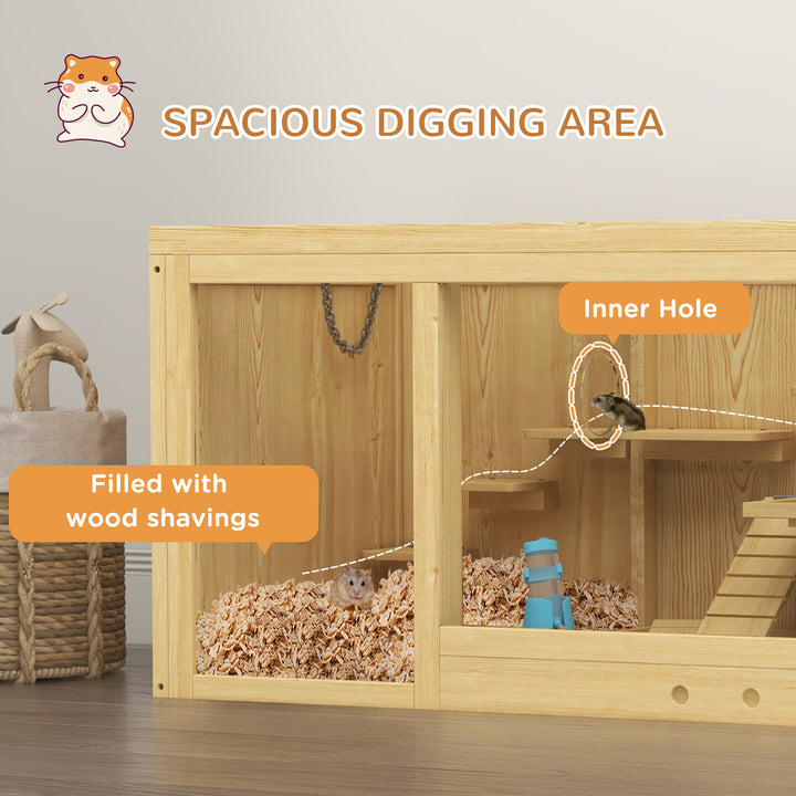 PawHut Large Wooden Hamster Cage, Multi-Layer Small Animal Habitats with Pull-out Tray, Seesaws, Ladder