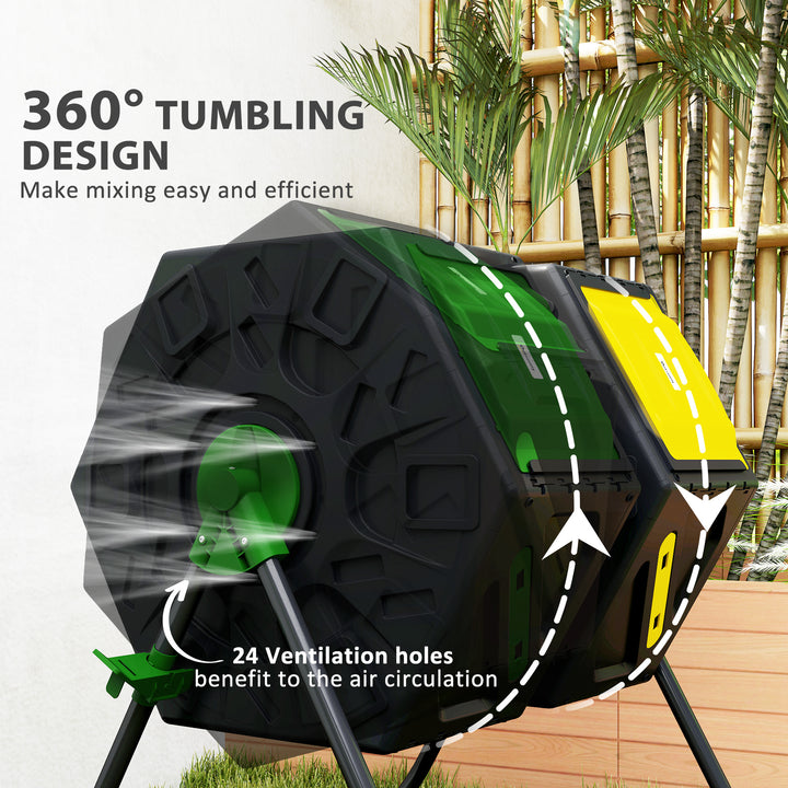 Outsunny Rotating Composter, Dual Chamber Compost Bin with 24 Vents and Steel Legs, 34.5 Gallon, Yellow and Green