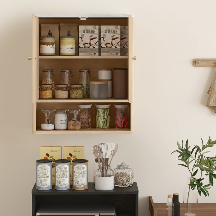 HOMCOM Bathroom Wall Cabinet, Wall-Mounted Medicine Cabinet with Adjustable Shelf, Open Shelf and Marble Effect Top, Oak