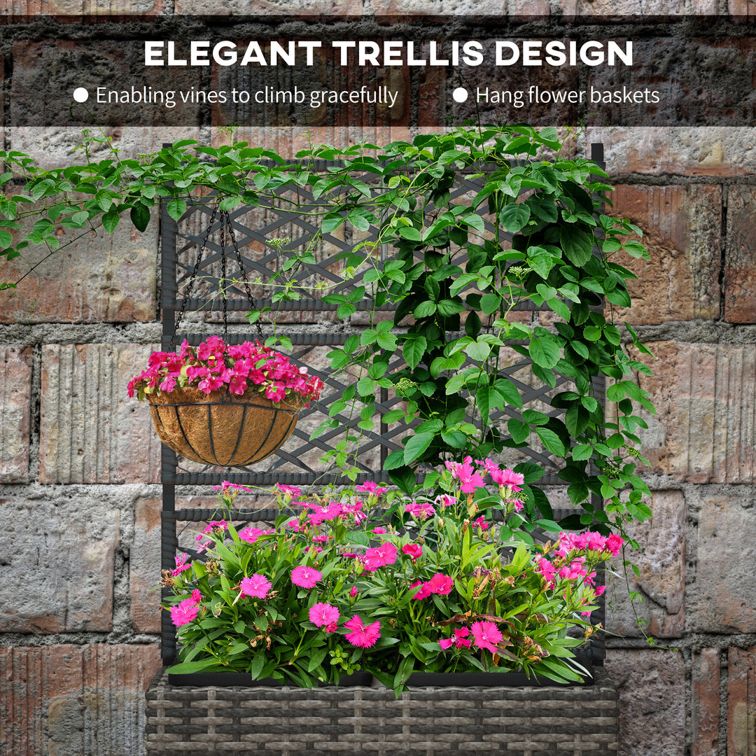 Outsunny 22L Raised Garden Box with Trellis, PE Rattan Free Standing Flower Raised Garden Bed with Two Plant Boxes, Garden Planter Box for Climbing Plants, Mixed Grey