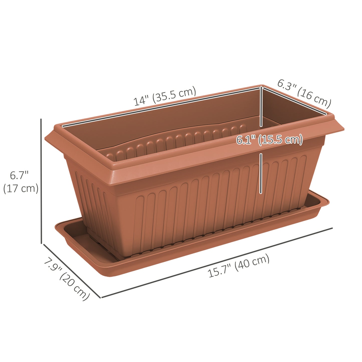 Outsunny 7 Pack 15.7" Plastic Flower Planters with Drainage Holes and Trays, Plant Pots for Indoor Outdoor Plants, Green