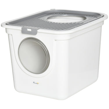 PawHut Enclosed Cat Litter Box, Easy Cleaning Kitty Litter Box with Front Entrance, Top Exit, Scoop, White