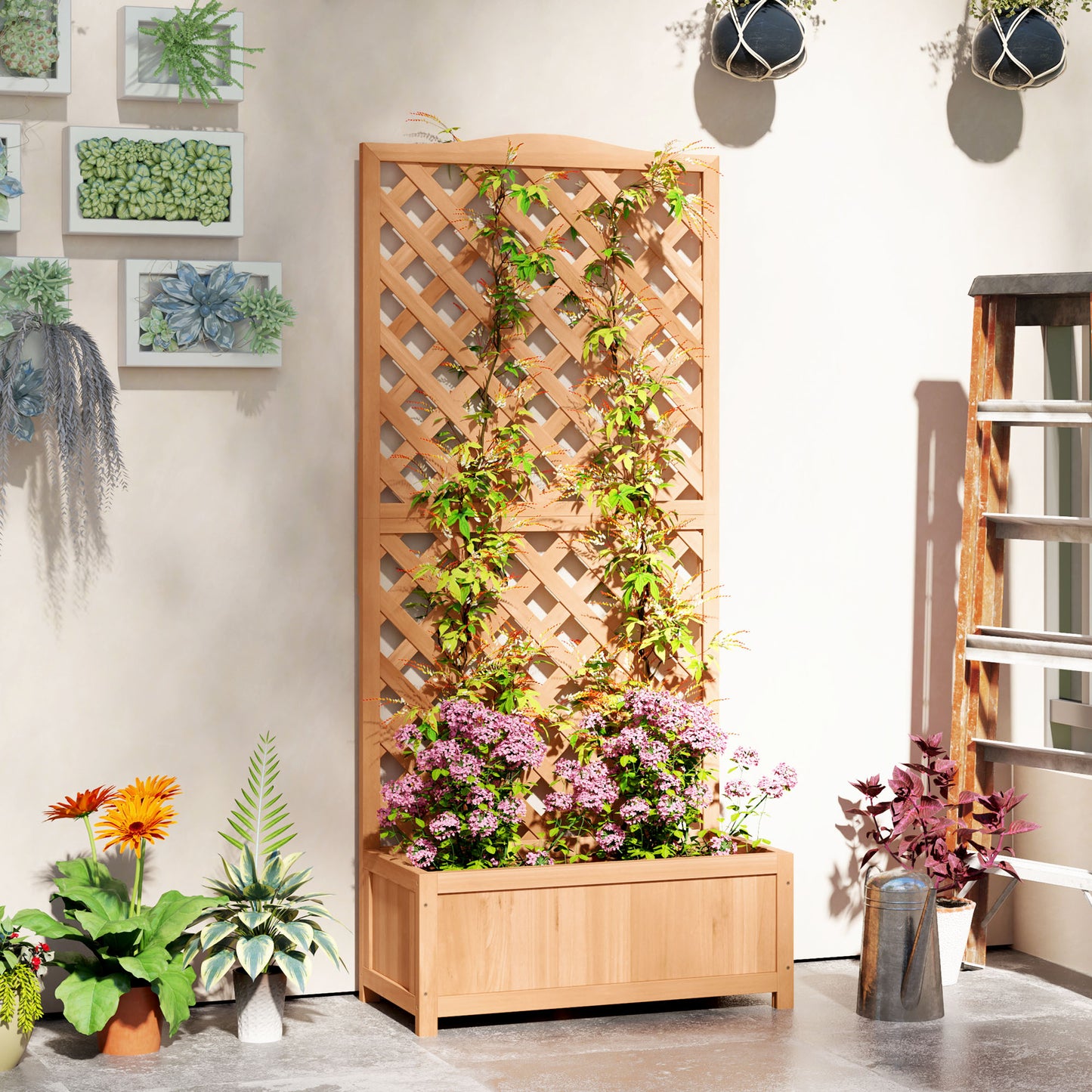 Outsunny Wood Planter with Trellis for Vine Climbing, Raised Garden Bed to Grow Vegetables for Backyard, 28" x 11" x 46", Brown