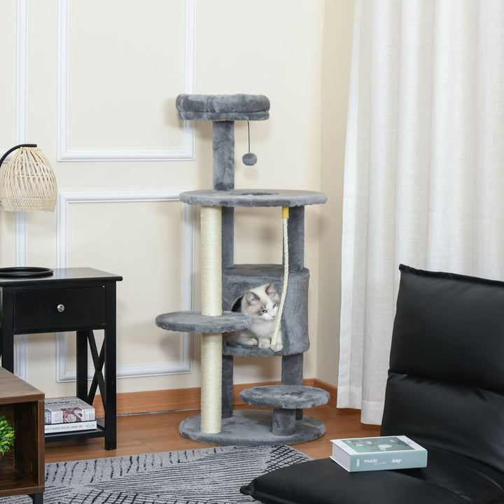 PawHut 41" Cat Tree Tower Activity Center with Condo, Scratching Posts and Hanging Toys, Dark Grey