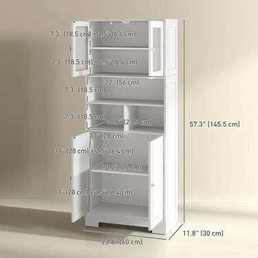 HOMCOM 57" Kitchen Pantry, Freestanding Pantry Storage Cabinet with Glass Doors, Adjustable Shelves, Open Compartments, White